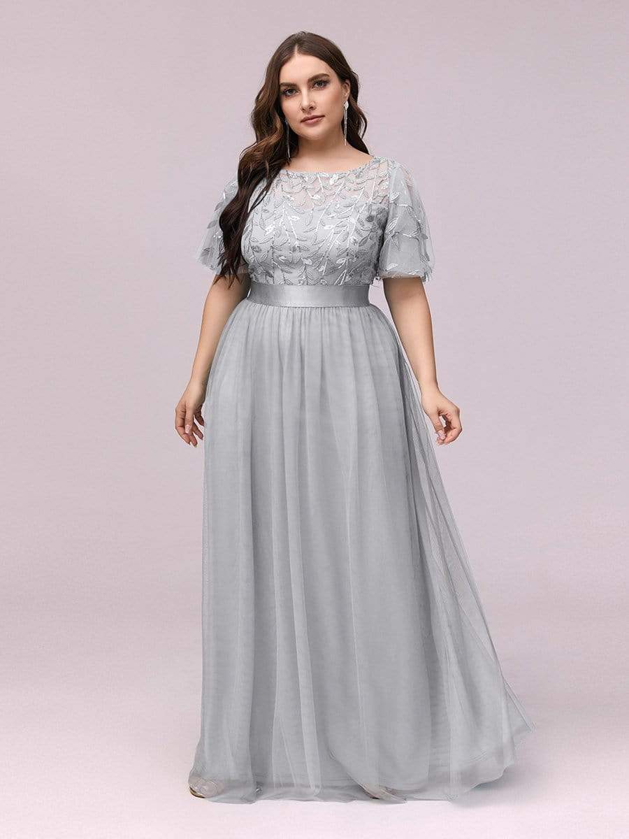 Plus Size Women's Embroidery Bridesmaid Dress with Short Sleeve #color_Grey