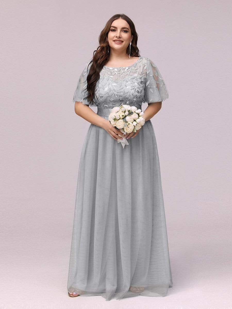 Plus Size Women's Embroidery Bridesmaid Dress with Short Sleeve #color_Grey