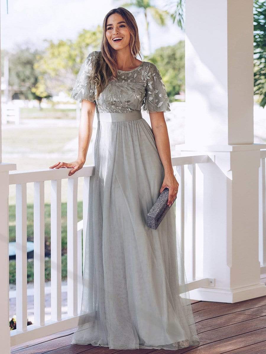 Women's A-Line Short Sleeve Embroidery Floor Length Wedding Guest Dresses #color_Grey