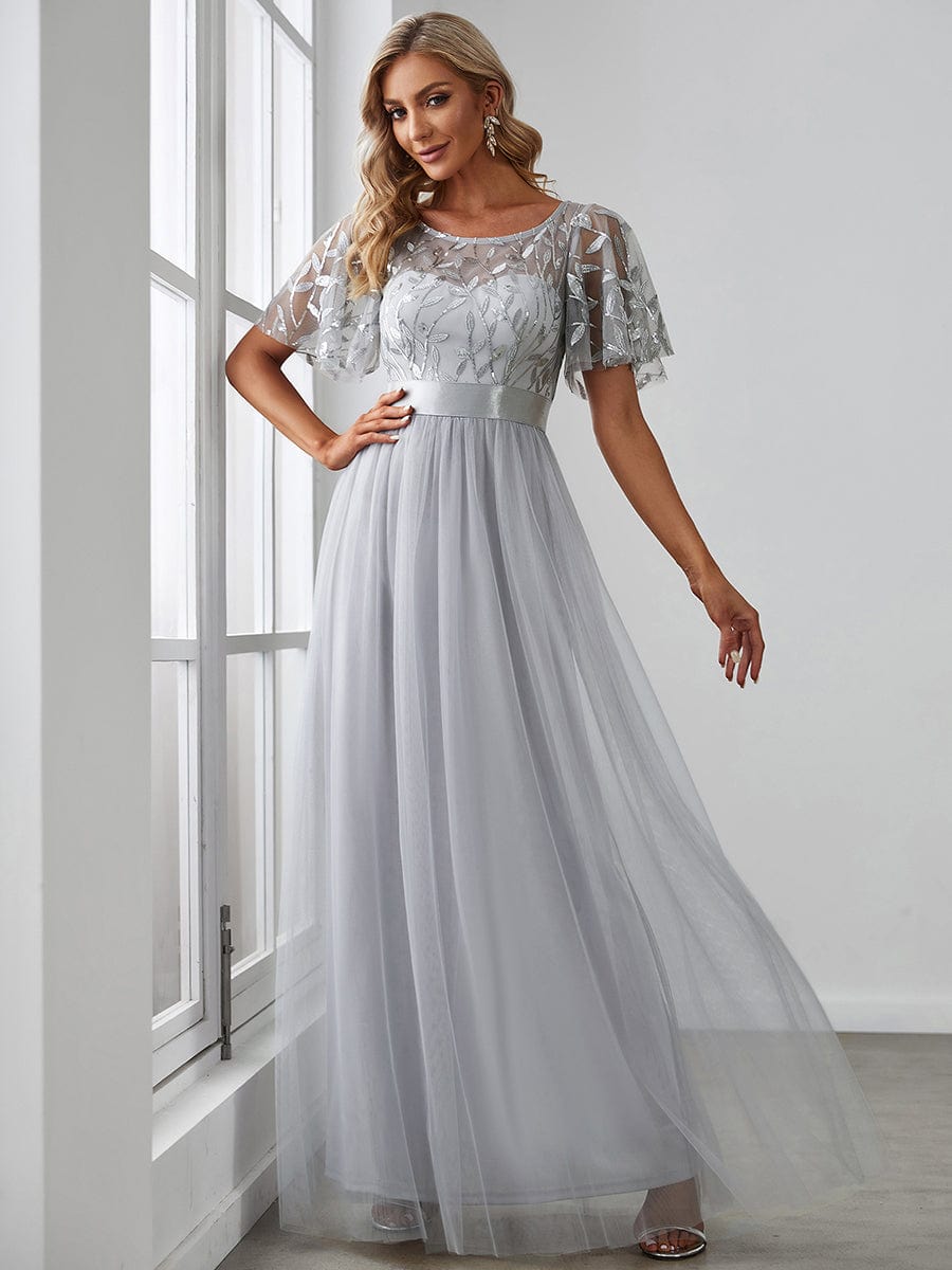 Women's A-Line Short Sleeve Embroidery Floor Length Wedding Guest Dresses #color_Grey