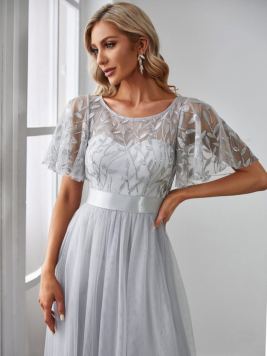 Women's A-Line Short Sleeve Embroidery Floor Length Wedding Guest Dresses #color_Grey