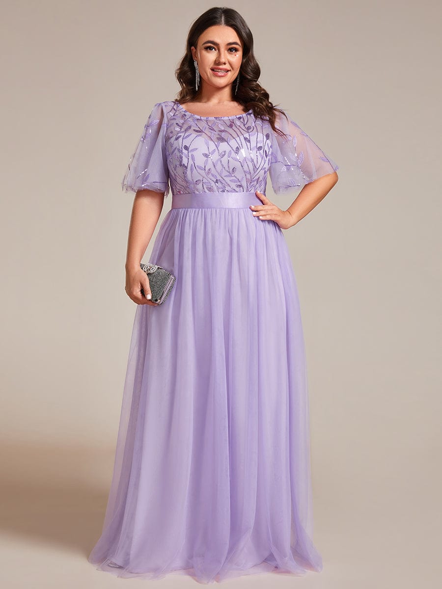 Women's A-Line Short Sleeve Embroidery Floor Length Wedding Guest Dresses #color_Lavender