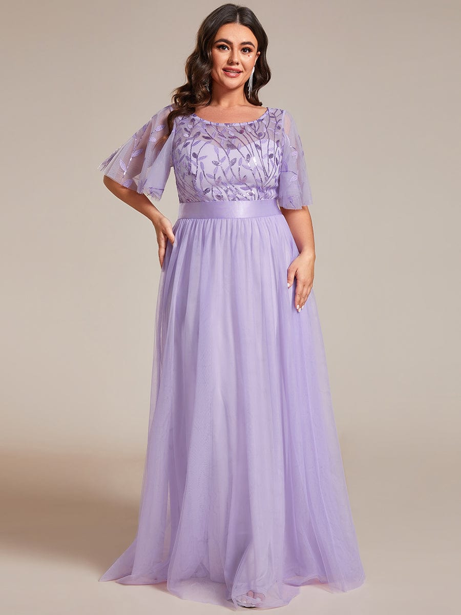 Women's A-Line Short Sleeve Embroidery Floor Length Wedding Guest Dresses #color_Lavender