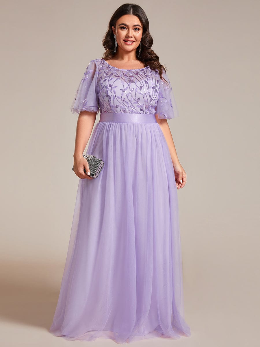 Women's A-Line Short Sleeve Embroidery Floor Length Wedding Guest Dresses #color_Lavender