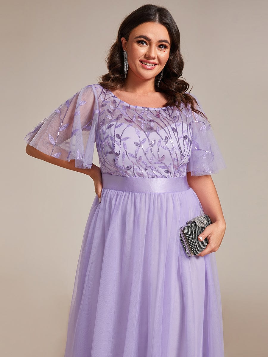 Plus Size Women's Embroidery Bridesmaid Dress with Short Sleeve #color_Lavender