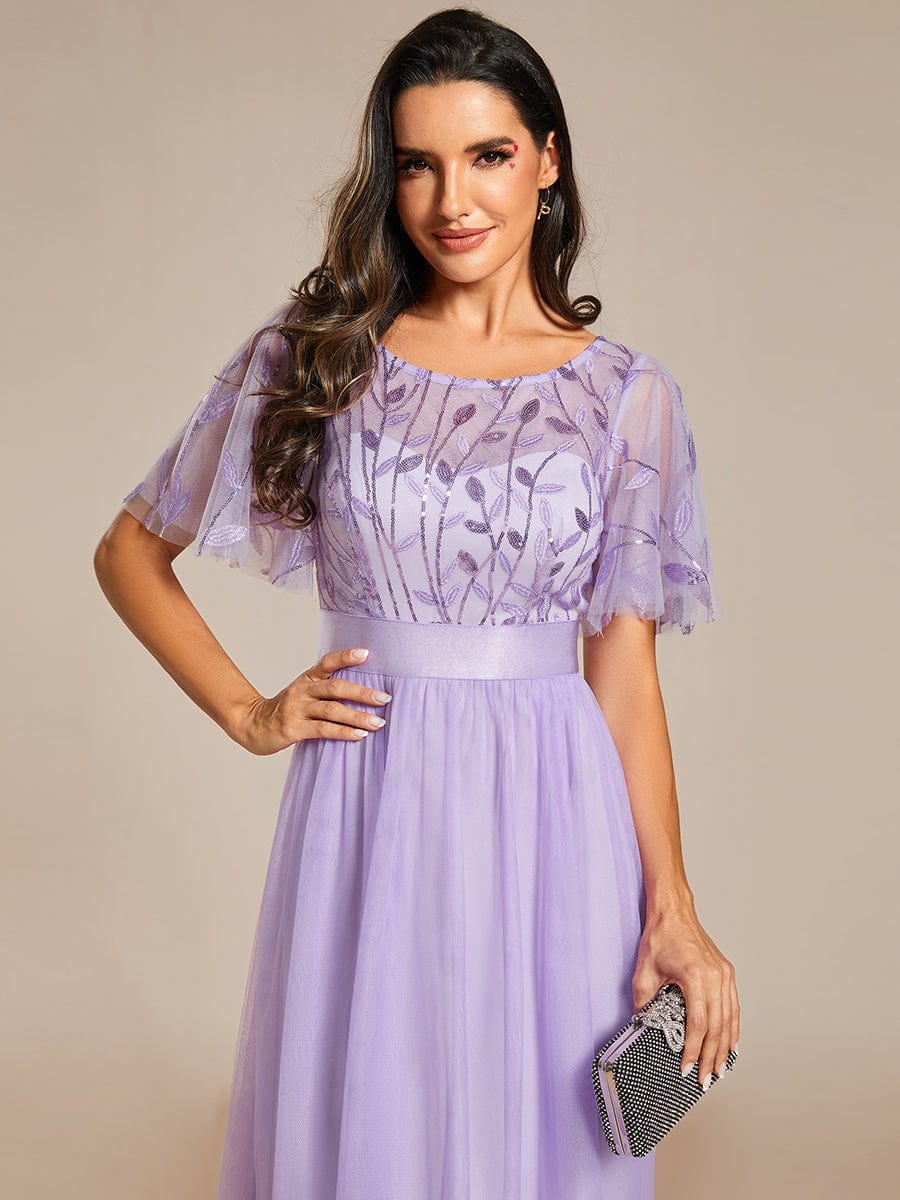 Women's A-Line Short Sleeve Embroidery Floor Length Wedding Guest Dresses #color_Lavender