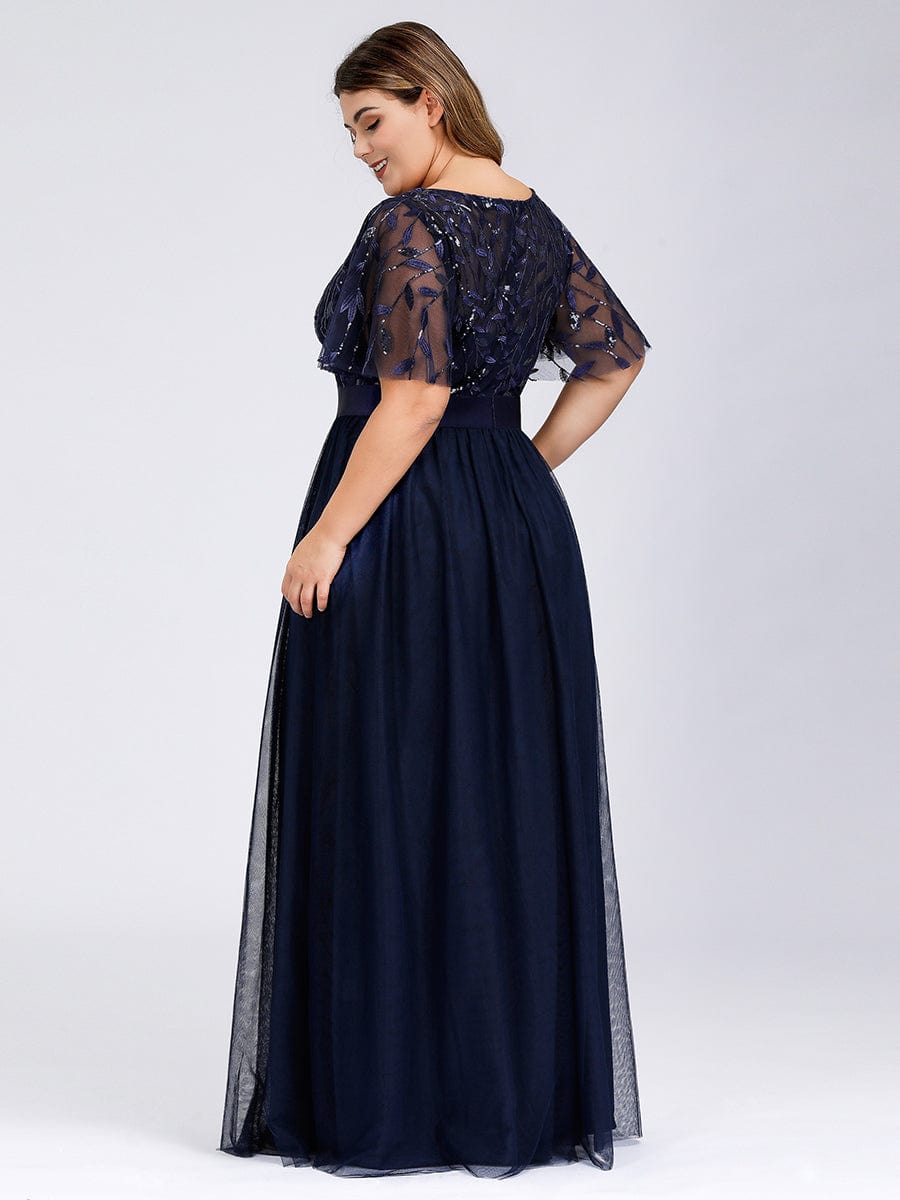 Plus Size Women's Embroidery Bridesmaid Dress with Short Sleeve #color_Navy Blue