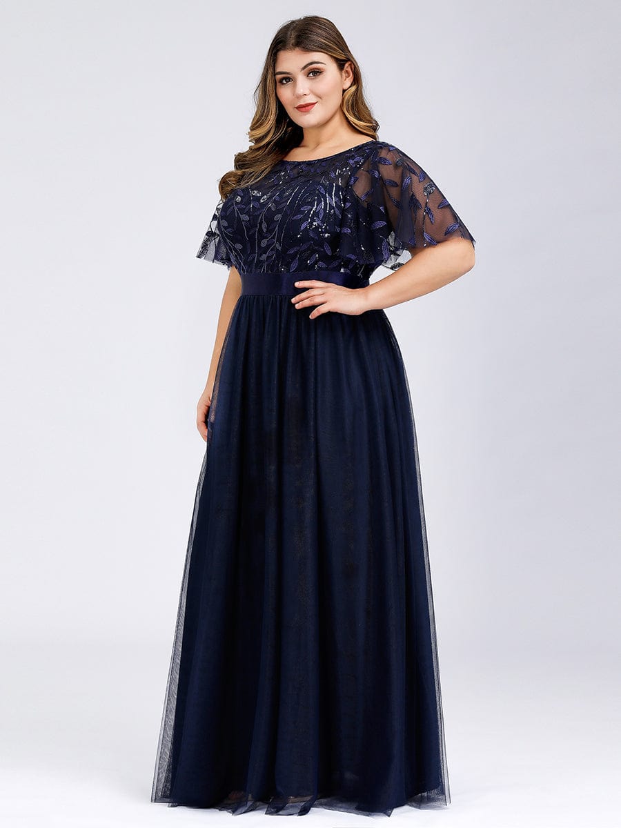 Plus Size Women's Embroidery Bridesmaid Dress with Short Sleeve #color_Navy Blue