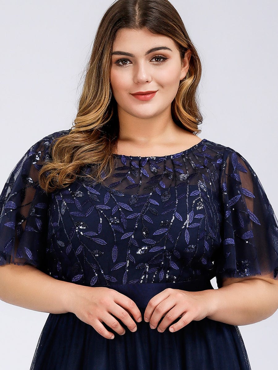 Plus Size Women's Embroidery Bridesmaid Dress with Short Sleeve #color_Navy Blue