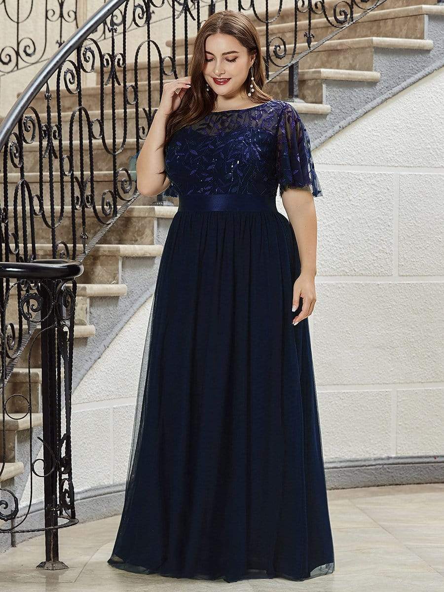 Women's A-Line Short Sleeve Embroidery Floor Length Wedding Guest Dresses #color_Navy Blue