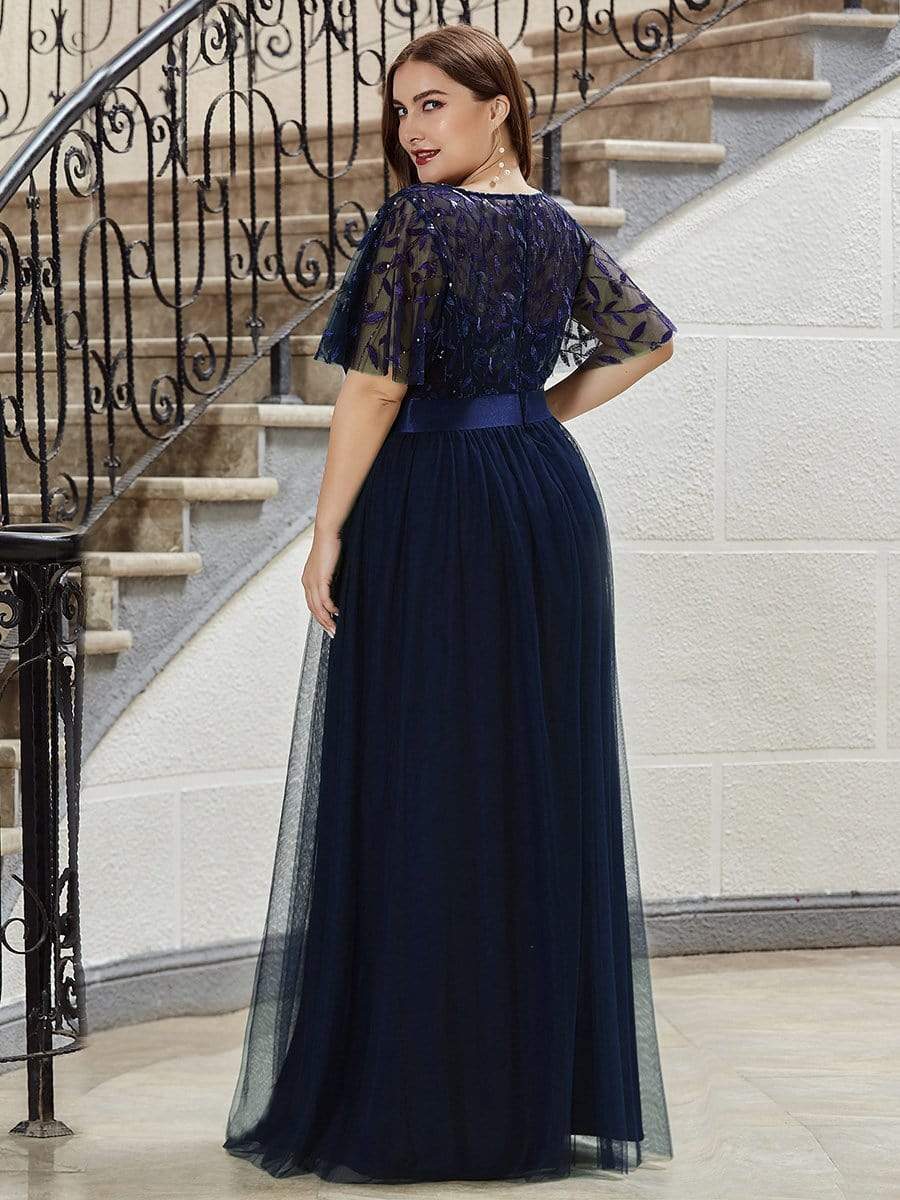 Women's A-Line Short Sleeve Embroidery Floor Length Wedding Guest Dresses #color_Navy Blue