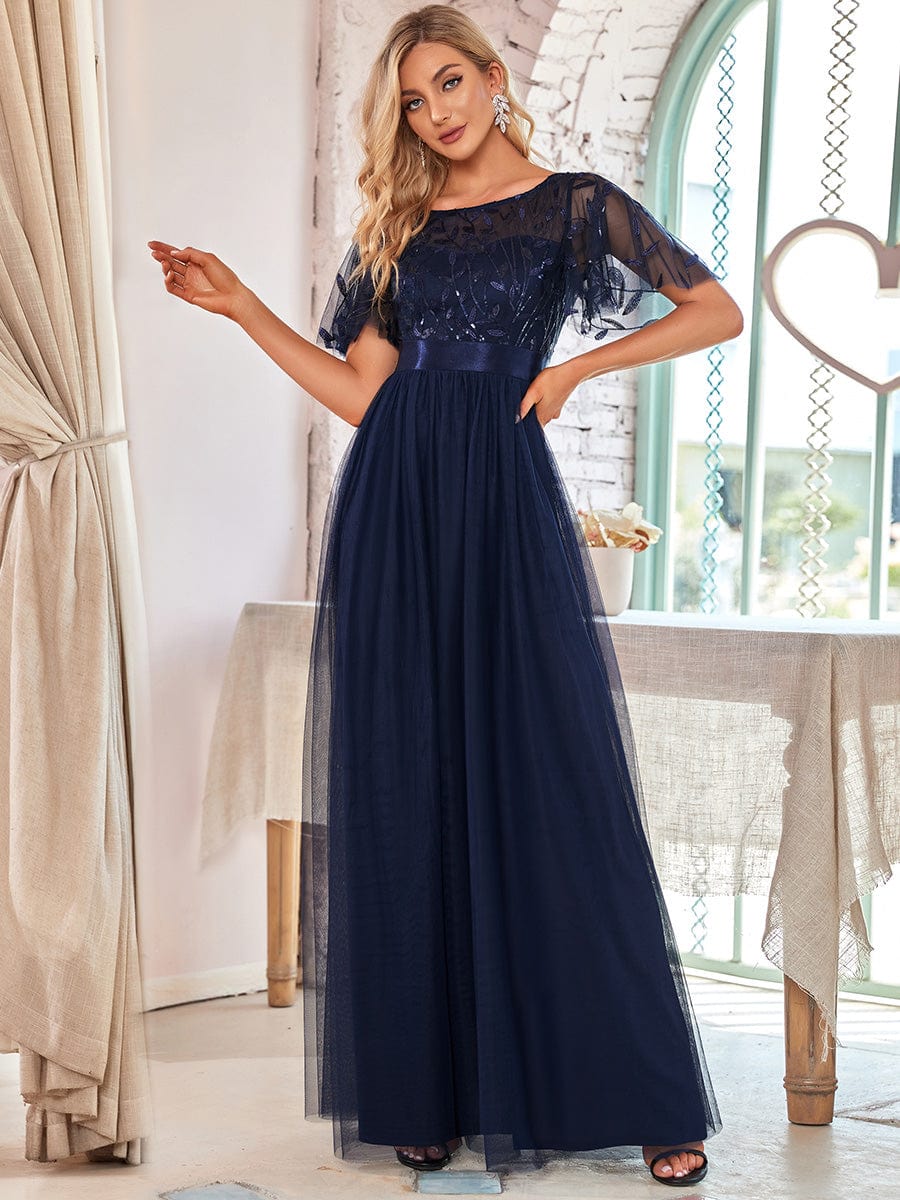 Women's A-Line Short Sleeve Embroidery Floor Length Wedding Guest Dresses #color_Navy Blue