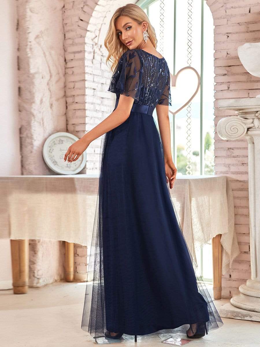 Women's A-Line Short Sleeve Embroidery Floor Length Wedding Guest Dresses #color_Navy Blue