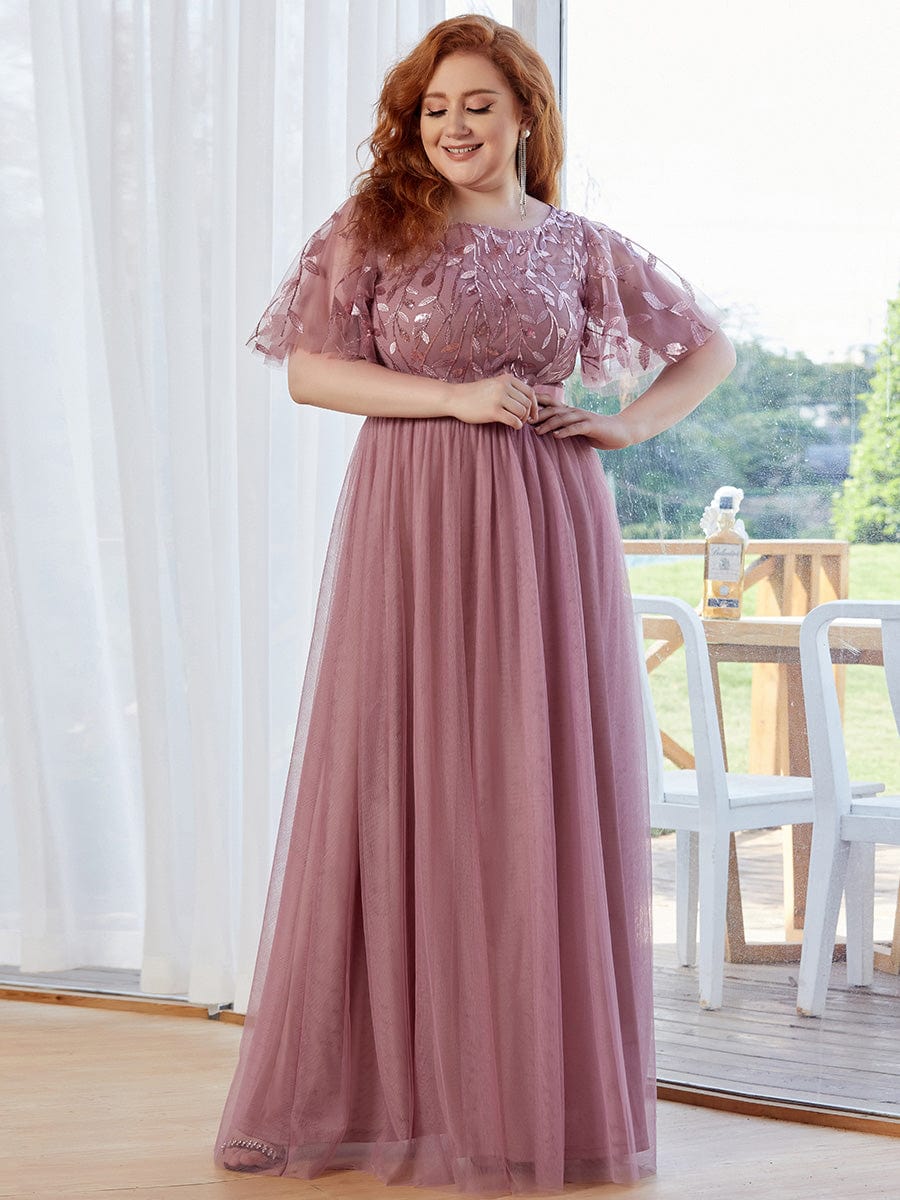 Women's A-Line Short Sleeve Embroidery Floor Length Wedding Guest Dresses #color_Purple Orchid