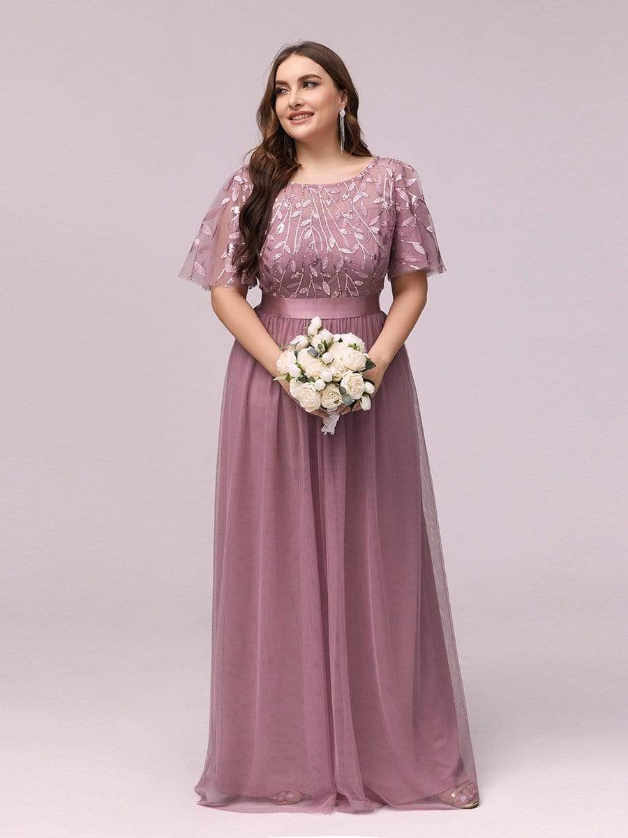 Plus Size Women's Embroidery Bridesmaid Dress with Short Sleeve #color_Purple Orchid