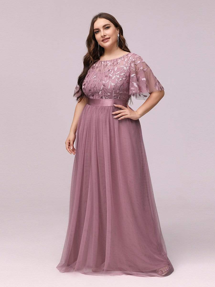 Plus Size Women's Embroidery Bridesmaid Dress with Short Sleeve #color_Purple Orchid