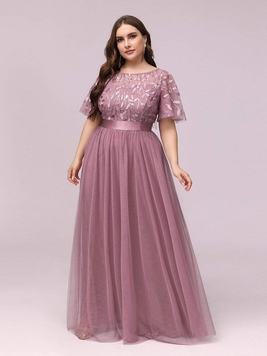 Plus Size Women's Embroidery Bridesmaid Dress with Short Sleeve #color_Purple Orchid