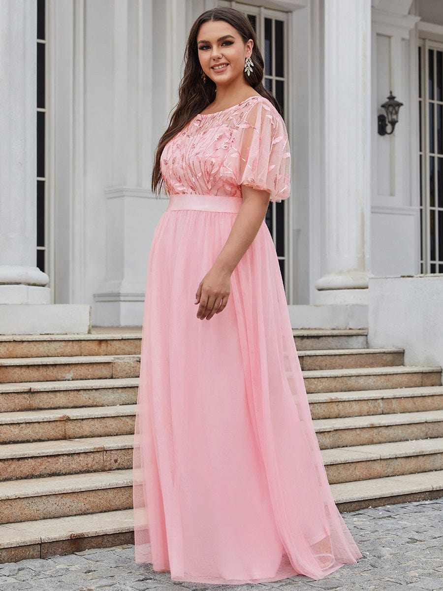 Plus Size Women's Embroidery Bridesmaid Dress with Short Sleeve #color_Pink