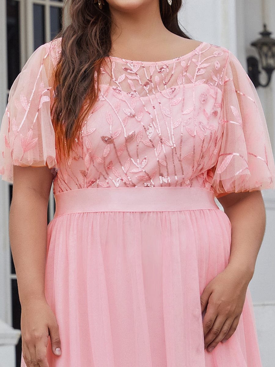 Plus Size Women's Embroidery Bridesmaid Dress with Short Sleeve #color_Pink