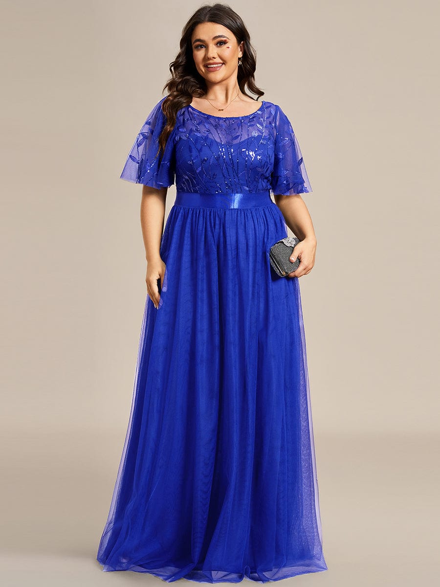 Plus Size Women's Embroidery Bridesmaid Dress with Short Sleeve #color_Sapphire Blue