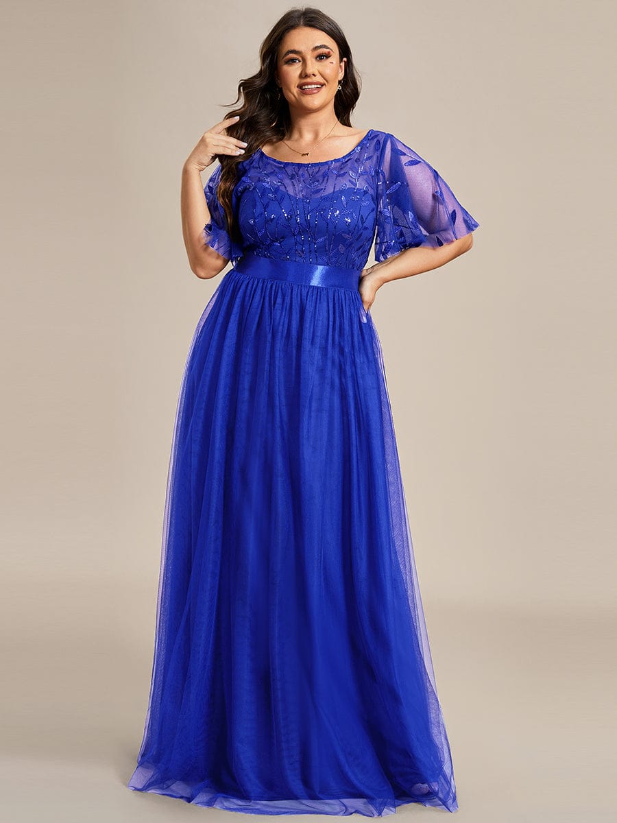 Women's A-Line Short Sleeve Embroidery Floor Length Evening Dresses #color_Sapphire Blue