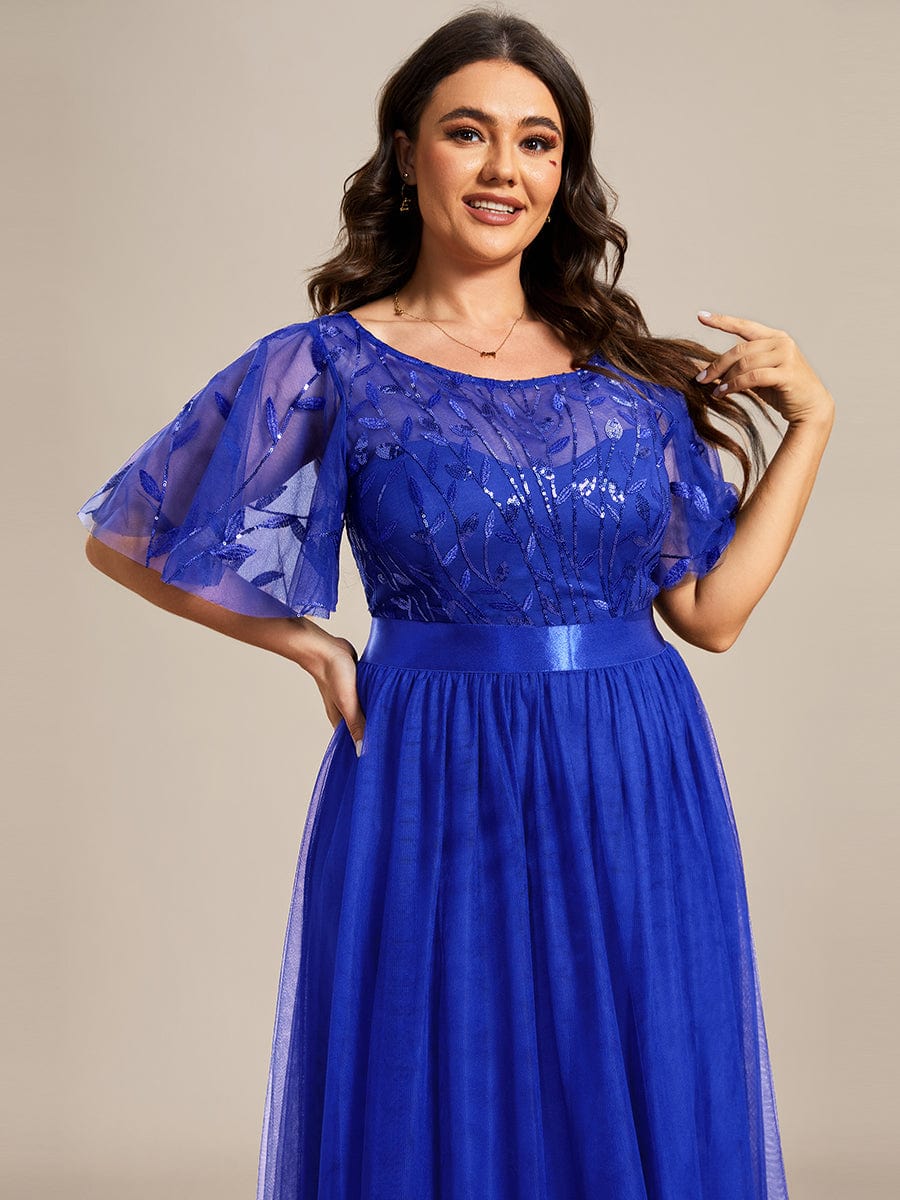 Plus Size Women's Embroidery Bridesmaid Dress with Short Sleeve #color_Sapphire Blue