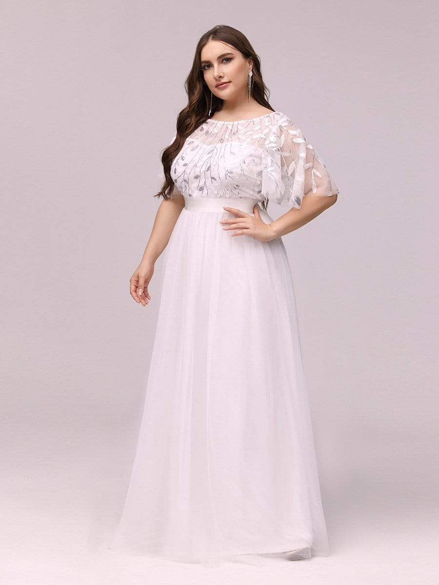 Plus Size Women's Embroidery Bridesmaid Dress with Short Sleeve #color_White