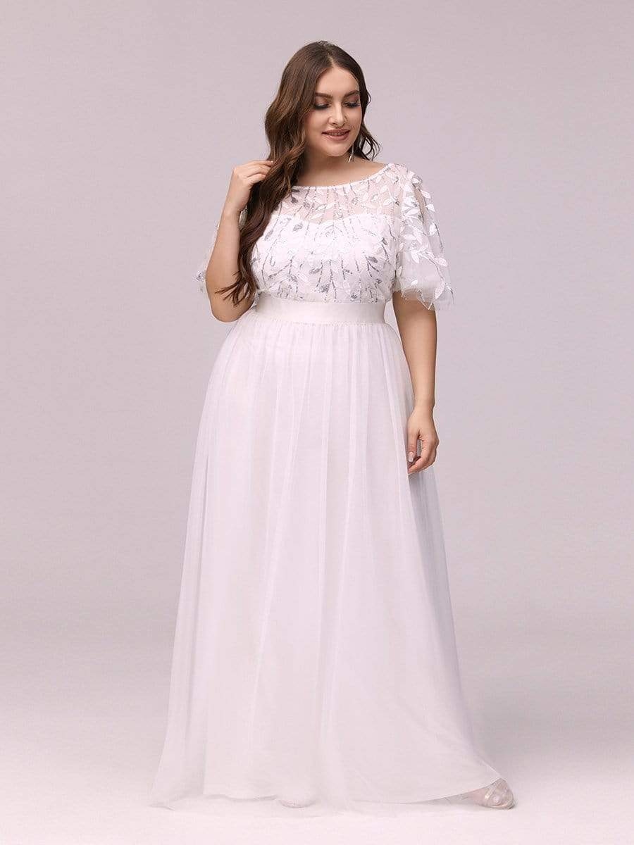 Plus Size Women's Embroidery Bridesmaid Dress with Short Sleeve #color_White