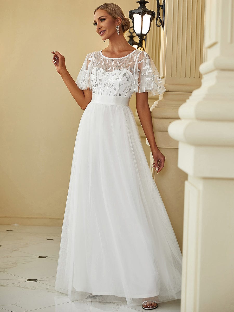 Women's A-Line Short Sleeve Embroidery Floor Length Wedding Guest Dresses #color_White