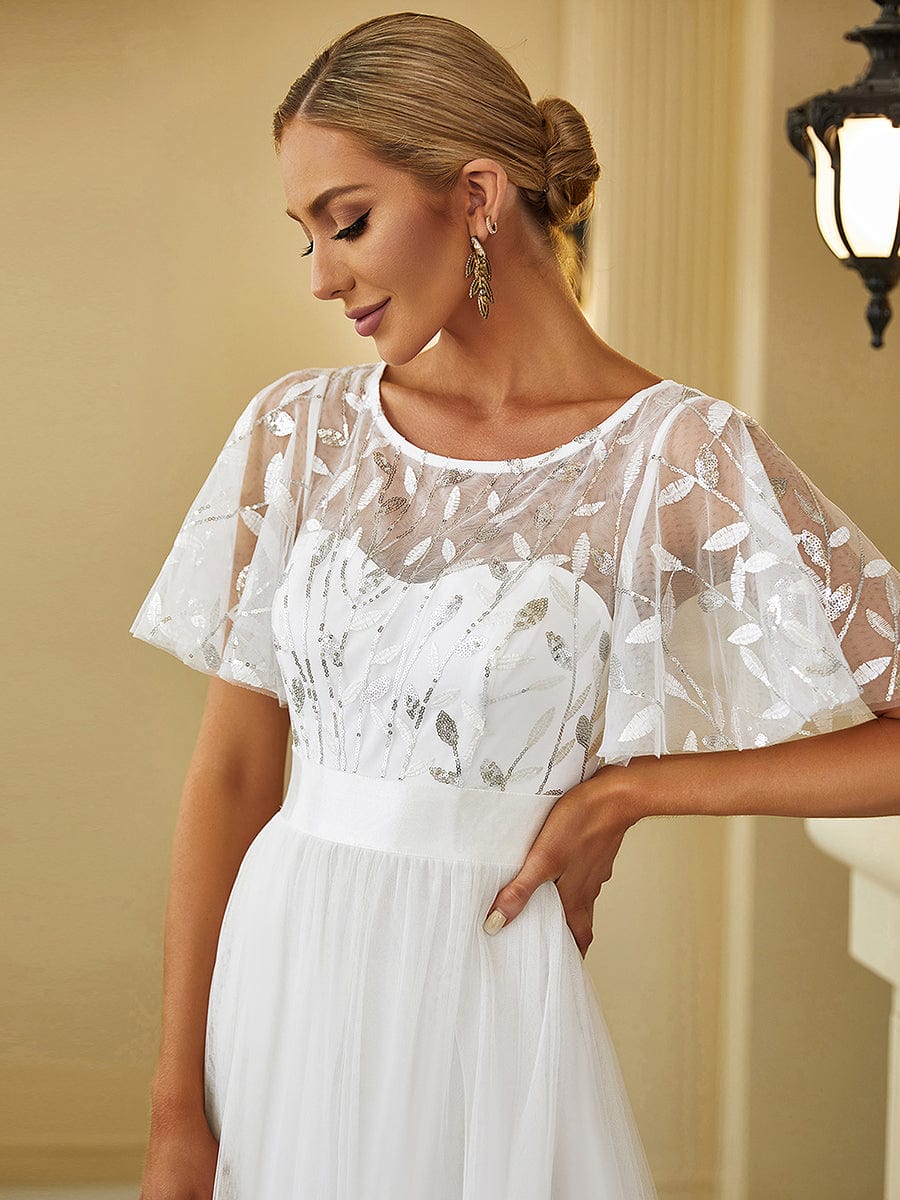 Women's A-Line Short Sleeve Embroidery Floor Length Wedding Guest Dresses #color_White