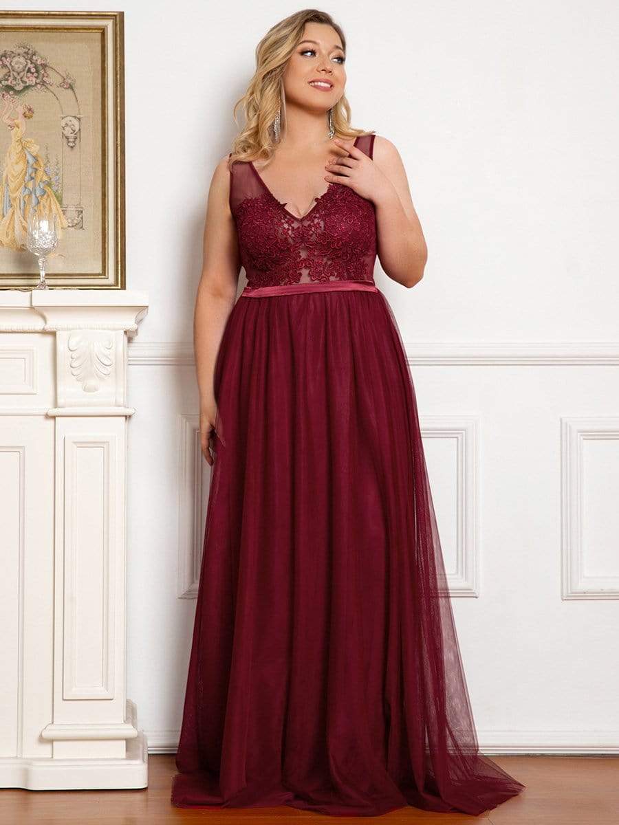 Plus Size Women's A-Line V-Neck Floral Lace Appliques Bridesmaid Dress #color_Burgundy