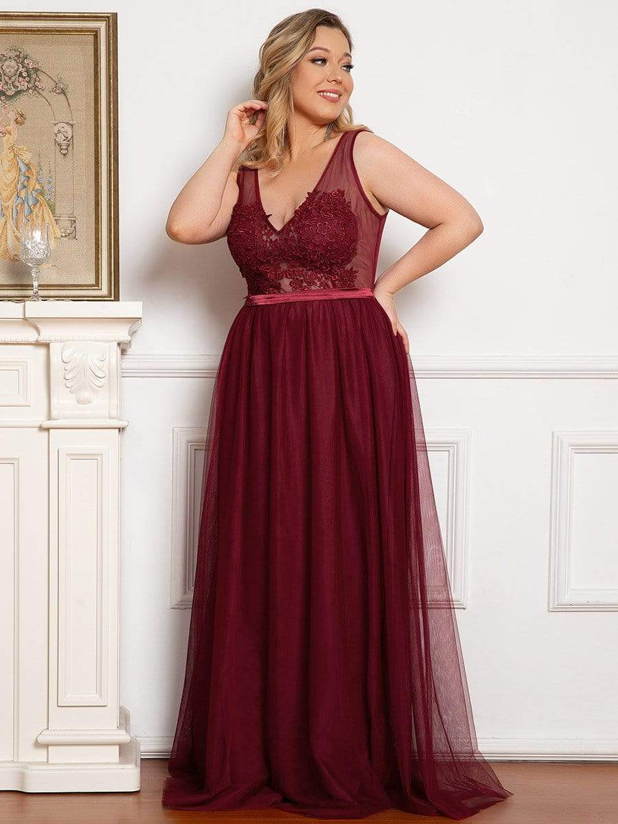 Plus Size Women's A-Line V-Neck Floral Lace Appliques Bridesmaid Dress #color_Burgundy