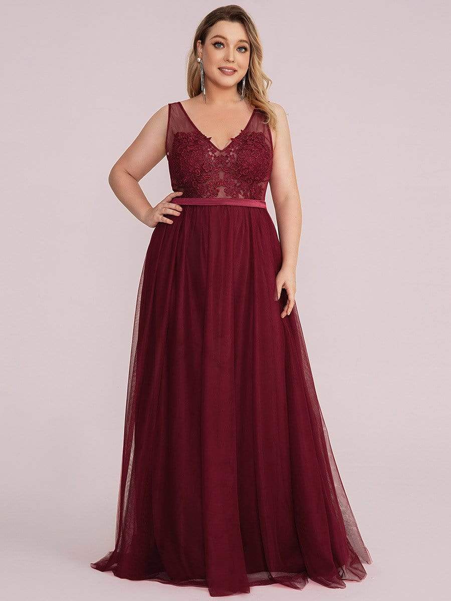 Plus Size Women's A-Line V-Neck Floral Lace Appliques Bridesmaid Dress #color_Burgundy