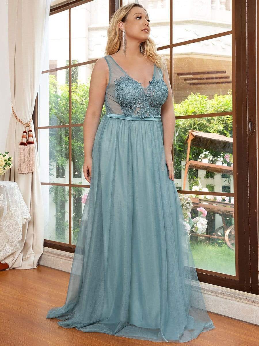 Plus Size Women's A-Line V-Neck Floral Lace Appliques Bridesmaid Dress #color_Light Teal