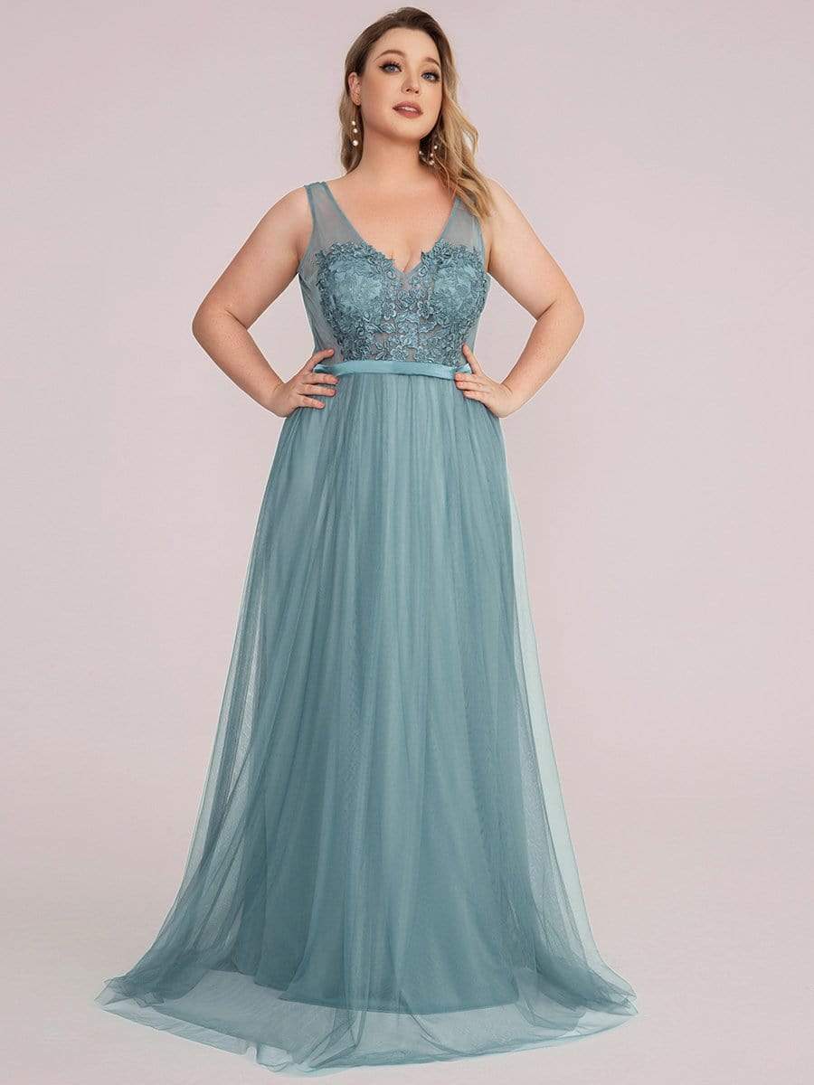 Plus Size Women's A-Line V-Neck Floral Lace Appliques Bridesmaid Dress #color_Light Teal