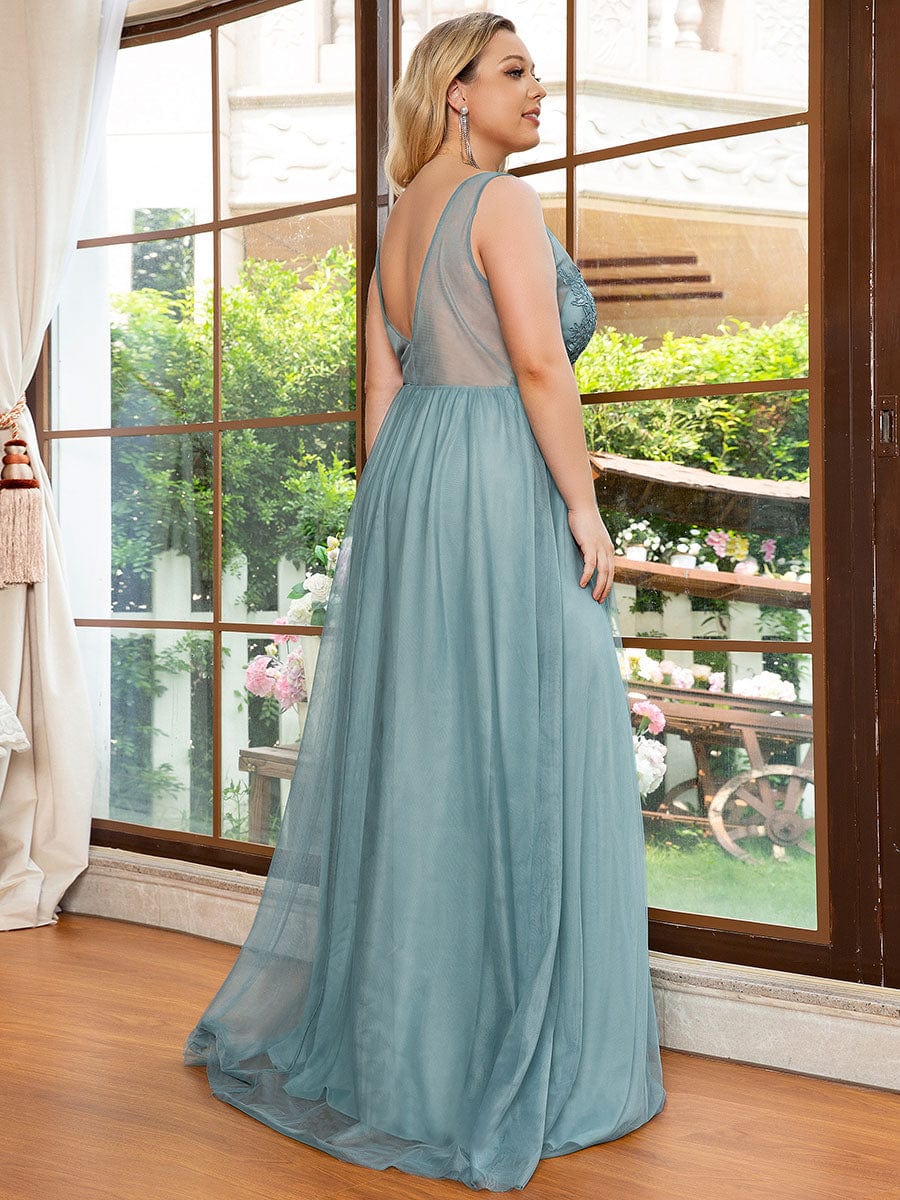 Women's A-Line V-Neck Floral Lace Appliques Bridesmaid Dress #color_Dusty Blue