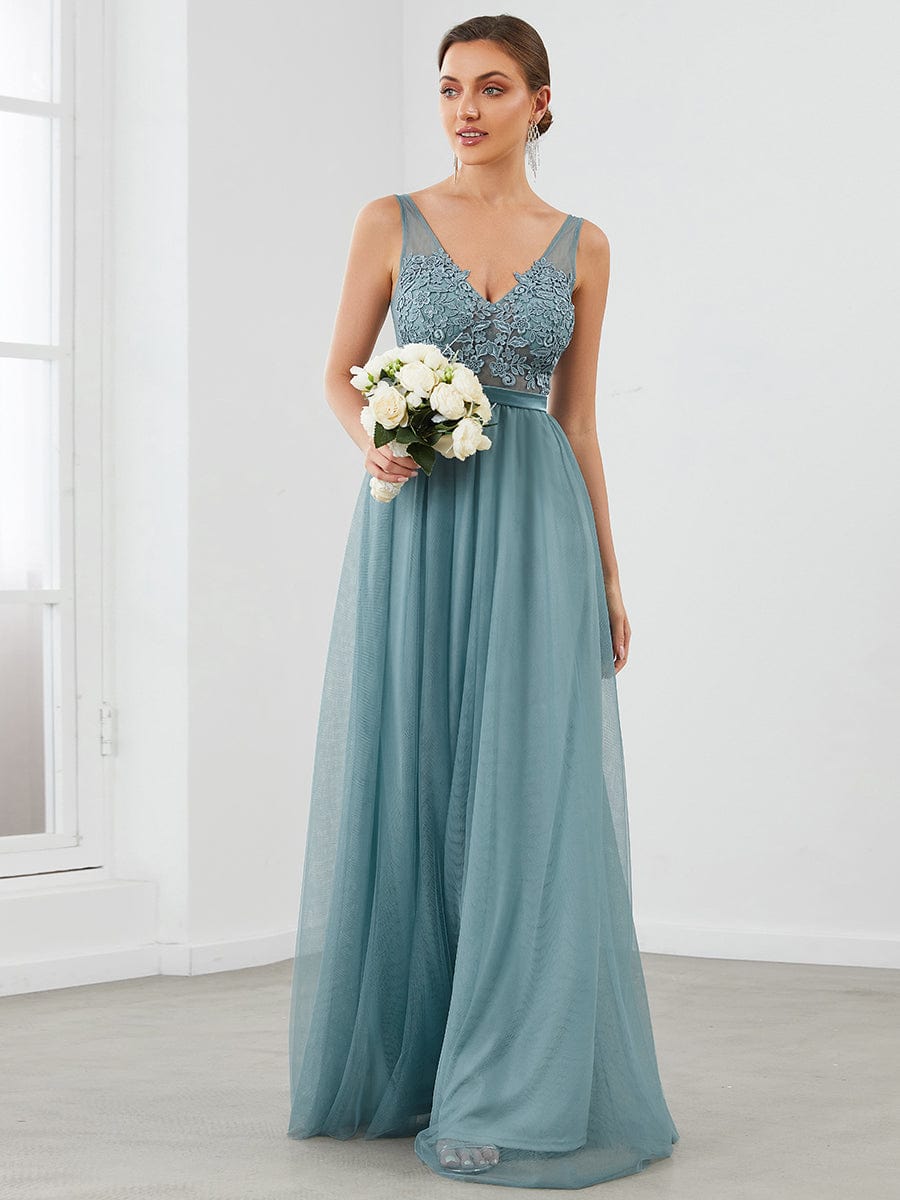Women's A-Line V-Neck Floral Lace Appliques Bridesmaid Dress #color_Dusty Blue