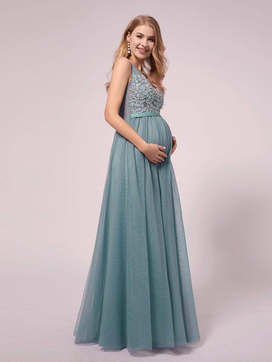 Women's A-Line V-Neck Floral Lace Appliques Maternity Dresses #color_Light Teal