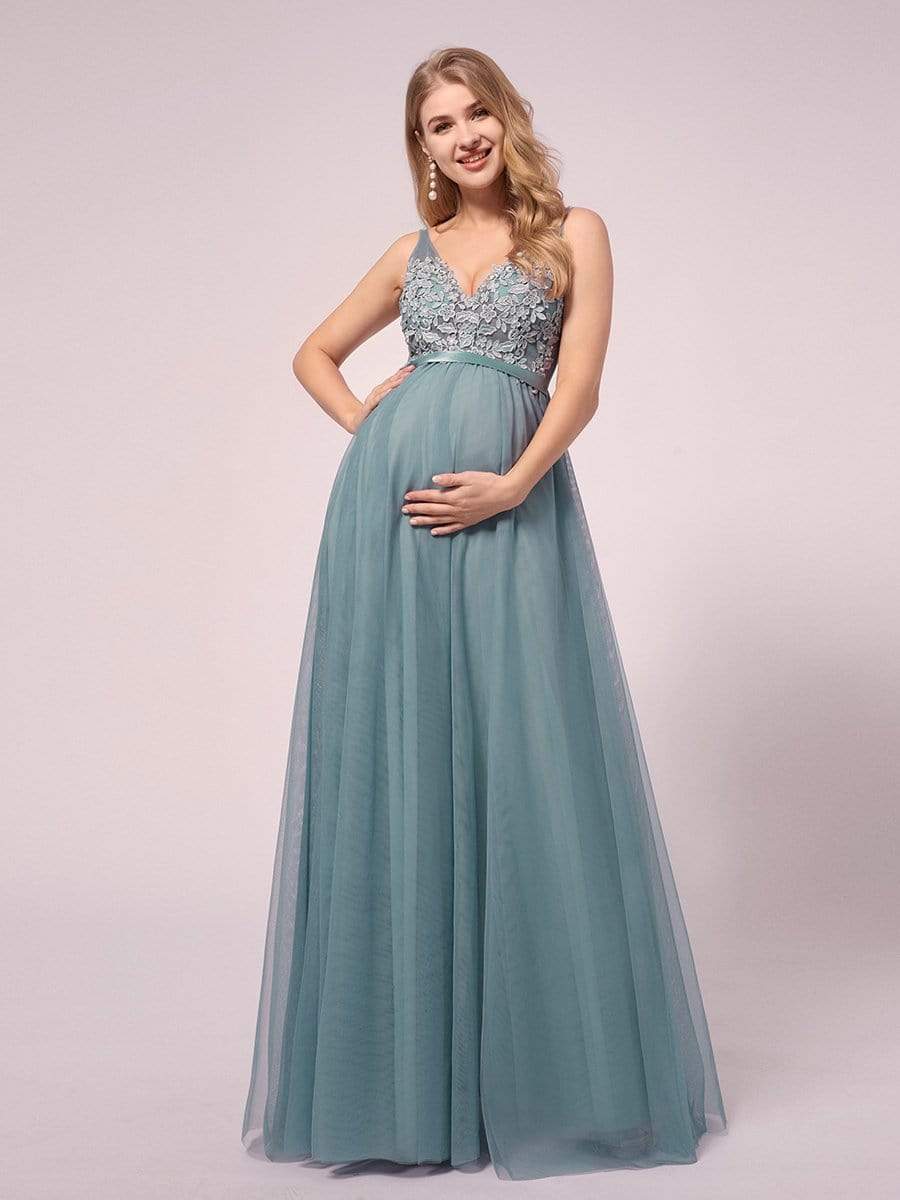 Women's A-Line V-Neck Floral Lace Appliques Maternity Dresses #color_Light Teal