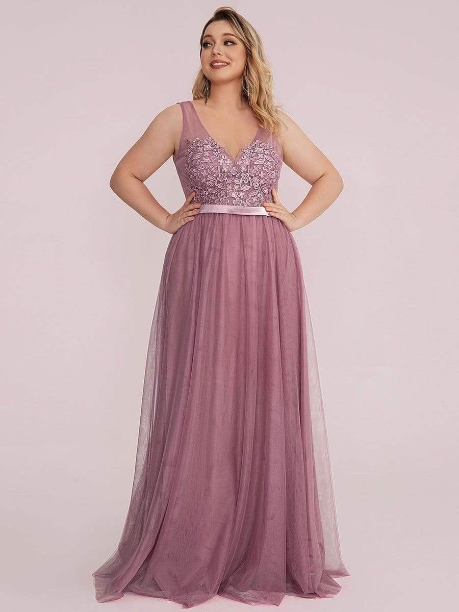 Plus Size Women's A-Line V-Neck Floral Lace Appliques Bridesmaid Dress #color_Purple Orchid