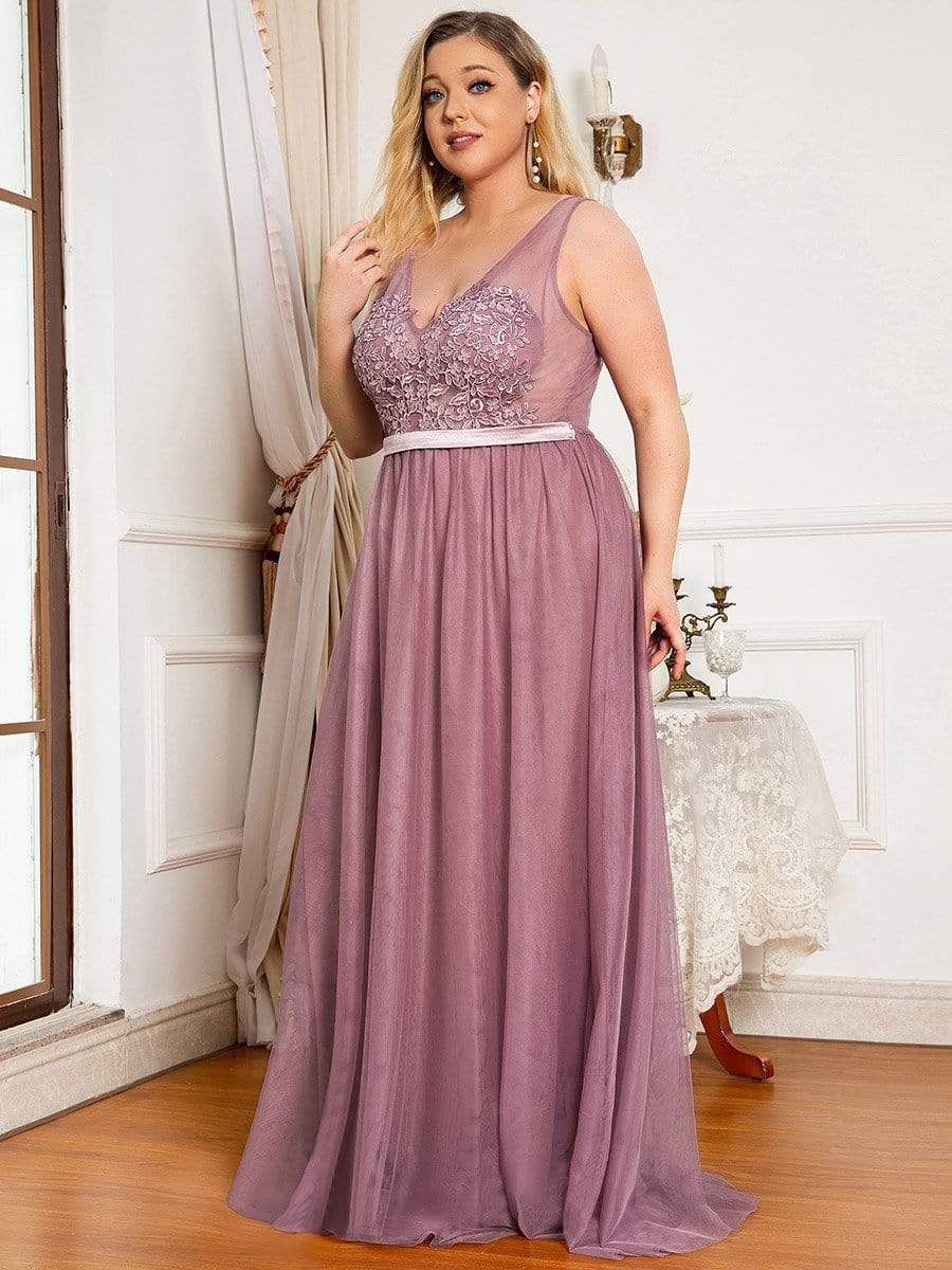 Plus Size Women's A-Line V-Neck Floral Lace Appliques Bridesmaid Dress #color_Purple Orchid