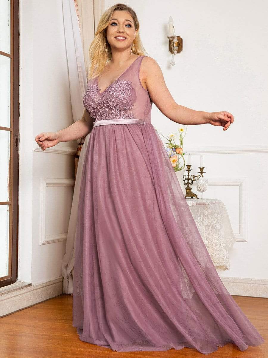 Plus Size Women's A-Line V-Neck Floral Lace Appliques Bridesmaid Dress #color_Purple Orchid