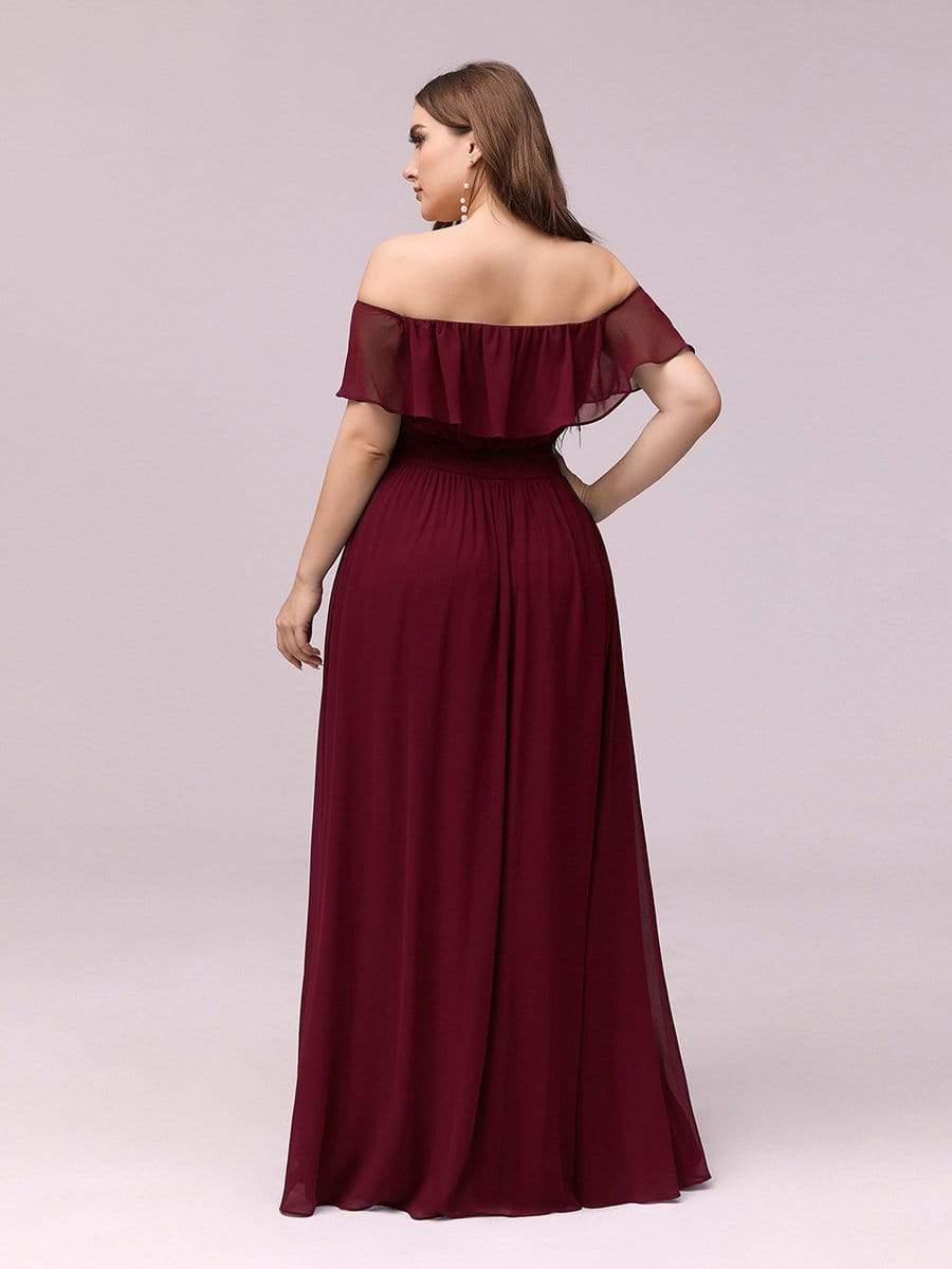 Women's Off-The-Shoulder Ruffle Thigh Split Plus Size Bridesmaid Dress #color_Burgundy