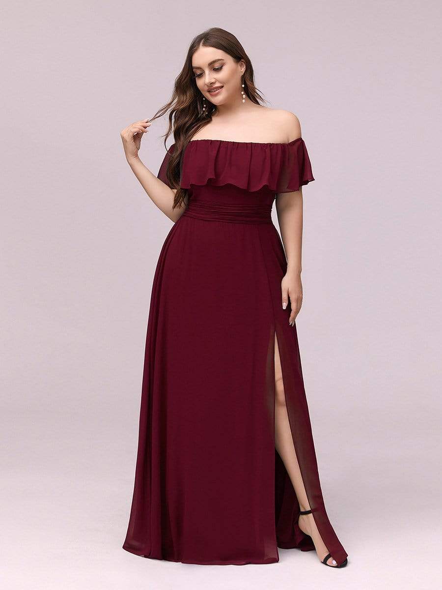 Women's Off-The-Shoulder Ruffle Thigh Split Plus Size Bridesmaid Dress #color_Burgundy