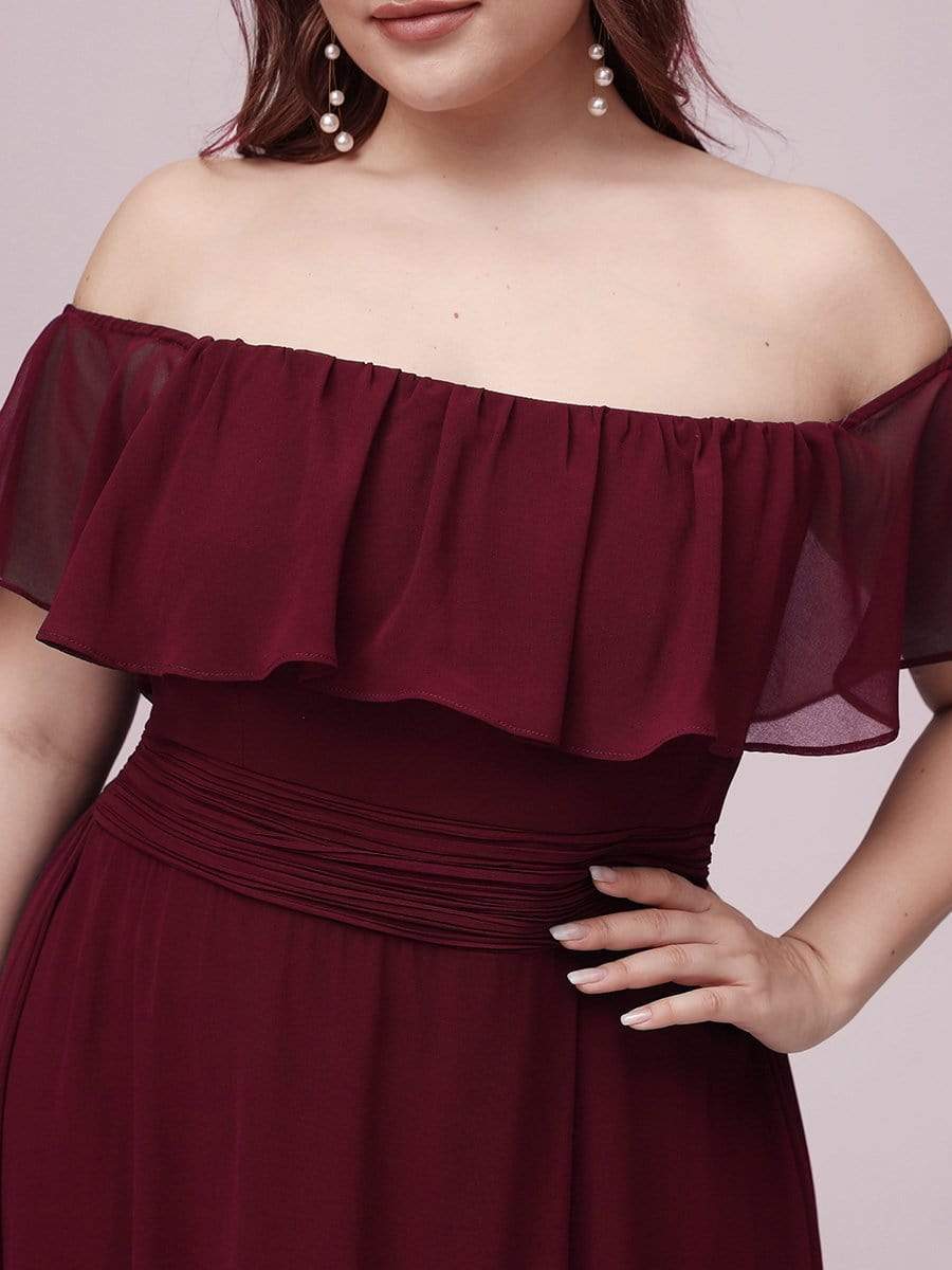 Women's Off-The-Shoulder Ruffle Thigh Split Plus Size Bridesmaid Dress #color_Burgundy