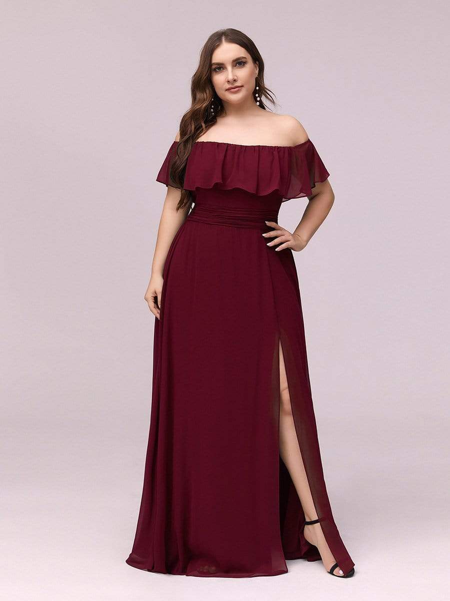 Women's Off-The-Shoulder Ruffle Thigh Split Plus Size Bridesmaid Dress #color_Burgundy