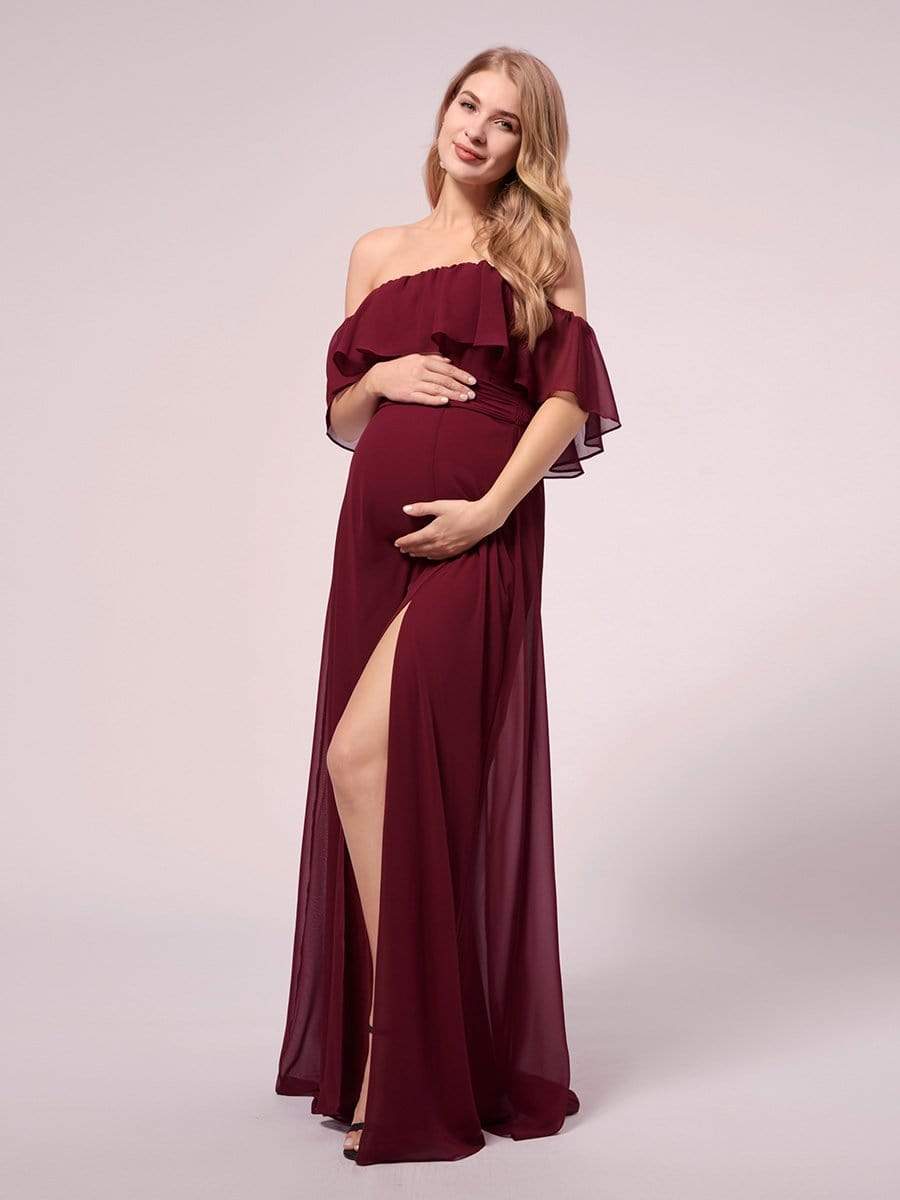 Women's A-Line Off Shoulder Ruffle Thigh Split Maternity Dresses #color_Burgundy