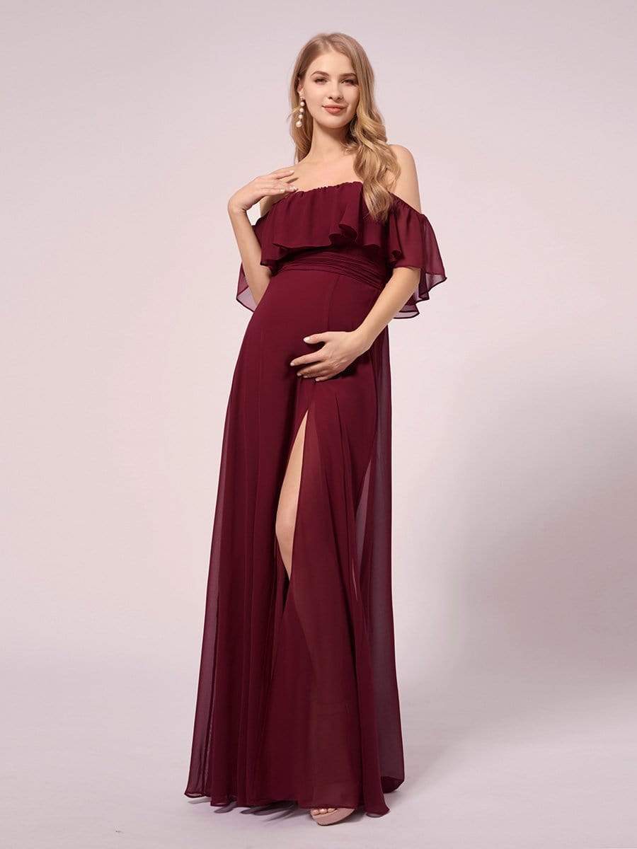 Women's A-Line Off Shoulder Ruffle Thigh Split Maternity Dresses #color_Burgundy