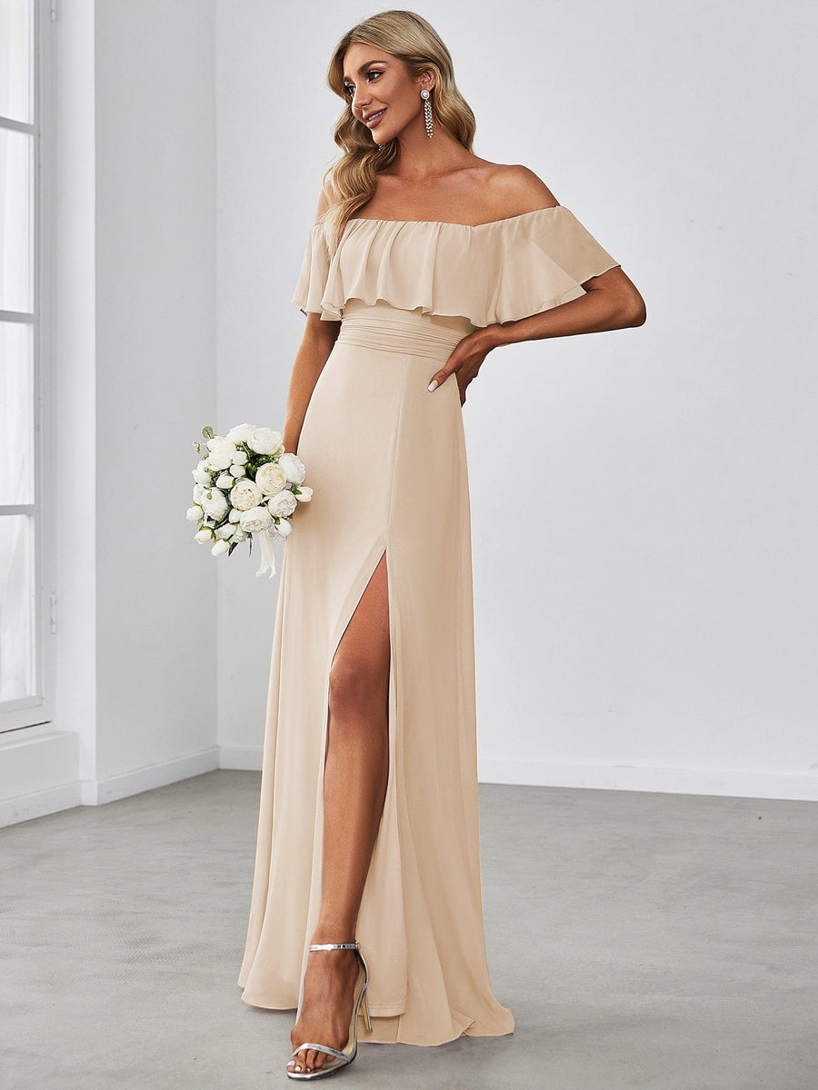 Custom Size Women's Off-The-Shoulder Ruffle Thigh Split Bridesmaid Dresses #color_Blush