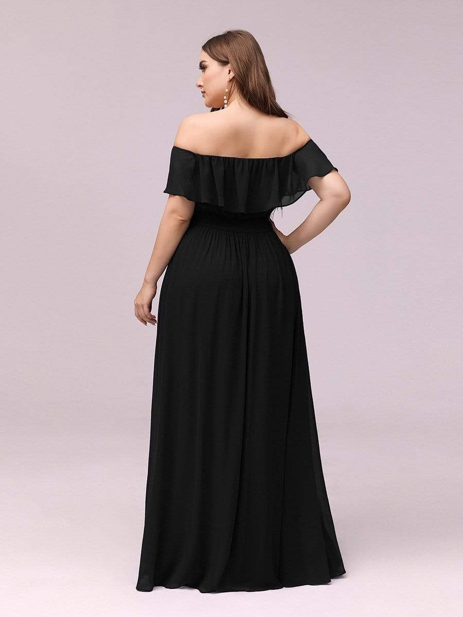 Women's Off-The-Shoulder Ruffle Thigh Split Plus Size Bridesmaid Dress #color_Black